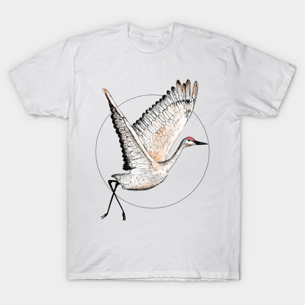 Flying Sandhill Crane Illustration / Crane Bird Drawing / Flying Crane Art Print T-Shirt by LauraKatMax